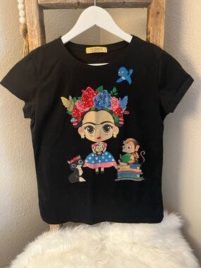 Vin & Bena Women's Black Short Sleeve Frida Graphic Tee